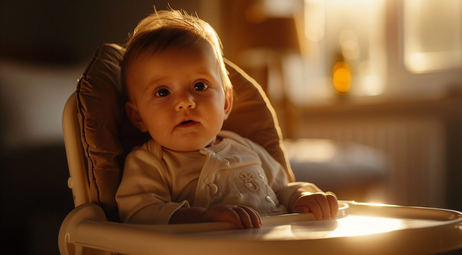 niemowlę siedzi w krzesełku do karmienia